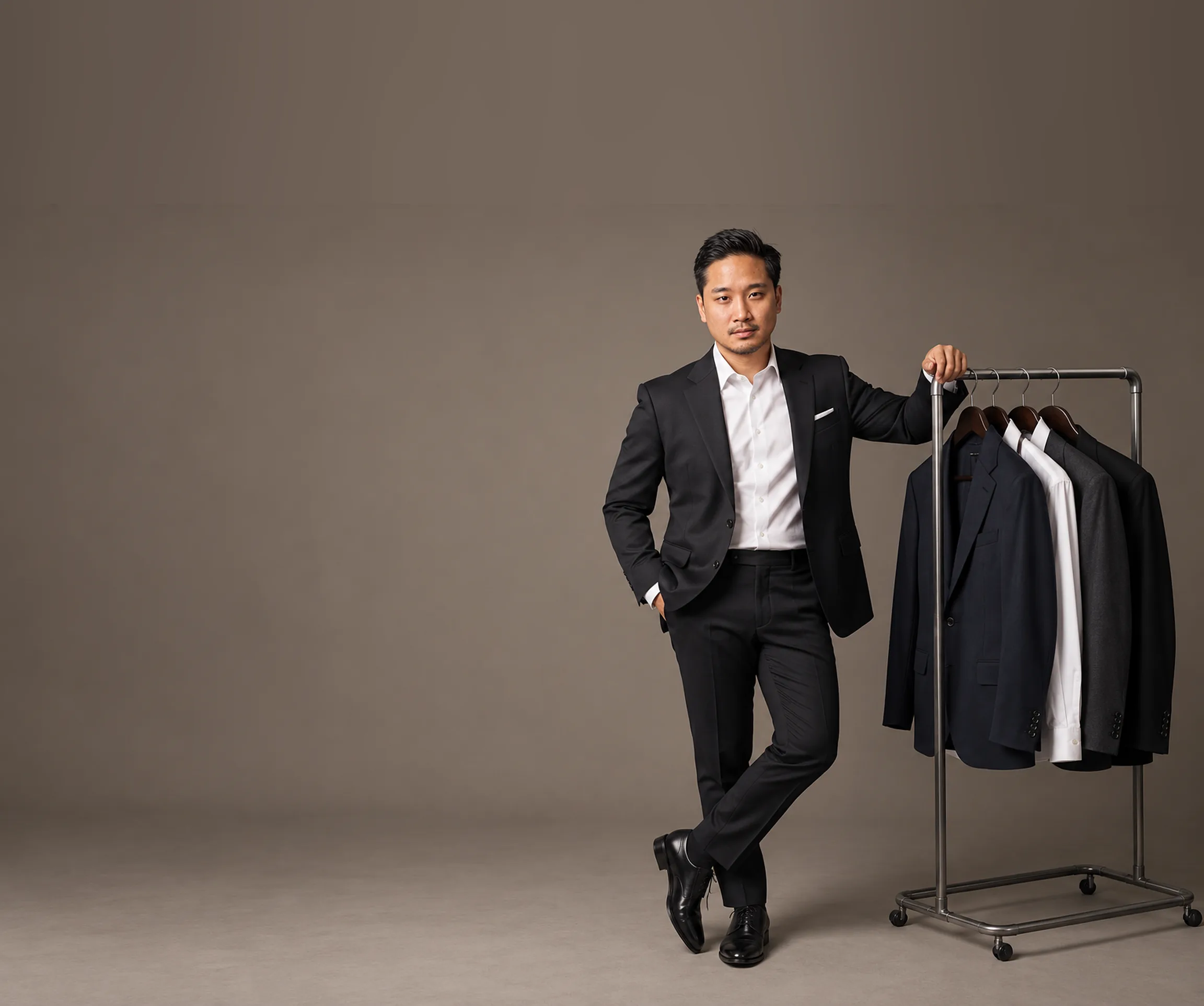 Rodolfo Kanematsu, o Guru do Estilo, em estúdio, de terno escuro