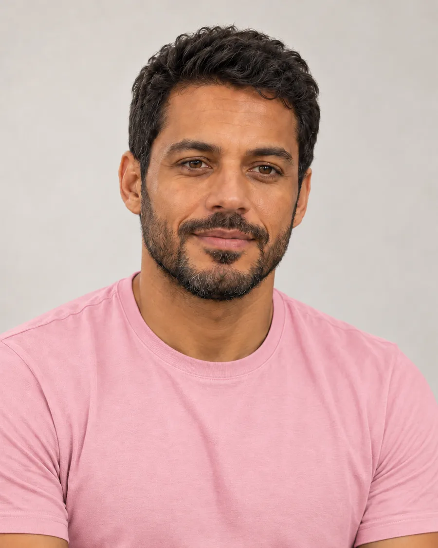 O mesmo cliente de camiseta rosa-claro