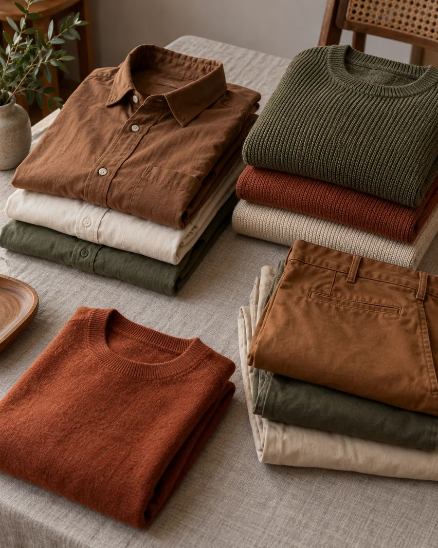 Camisas, malhas e calças dobradas numa paleta de tons terrosos e verdes