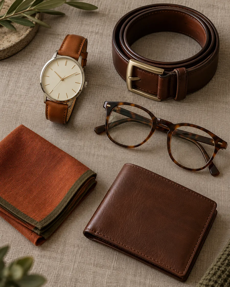 Relógio, cinto, óculos de tartaruga, lenço de bolso e carteira nas mesmas cores