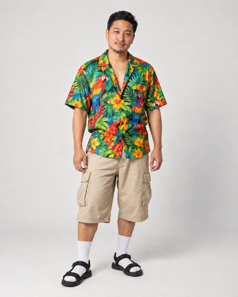 Rodolfo ainda de camisa havaiana e bermuda cargo, já sem o boné e a pochete