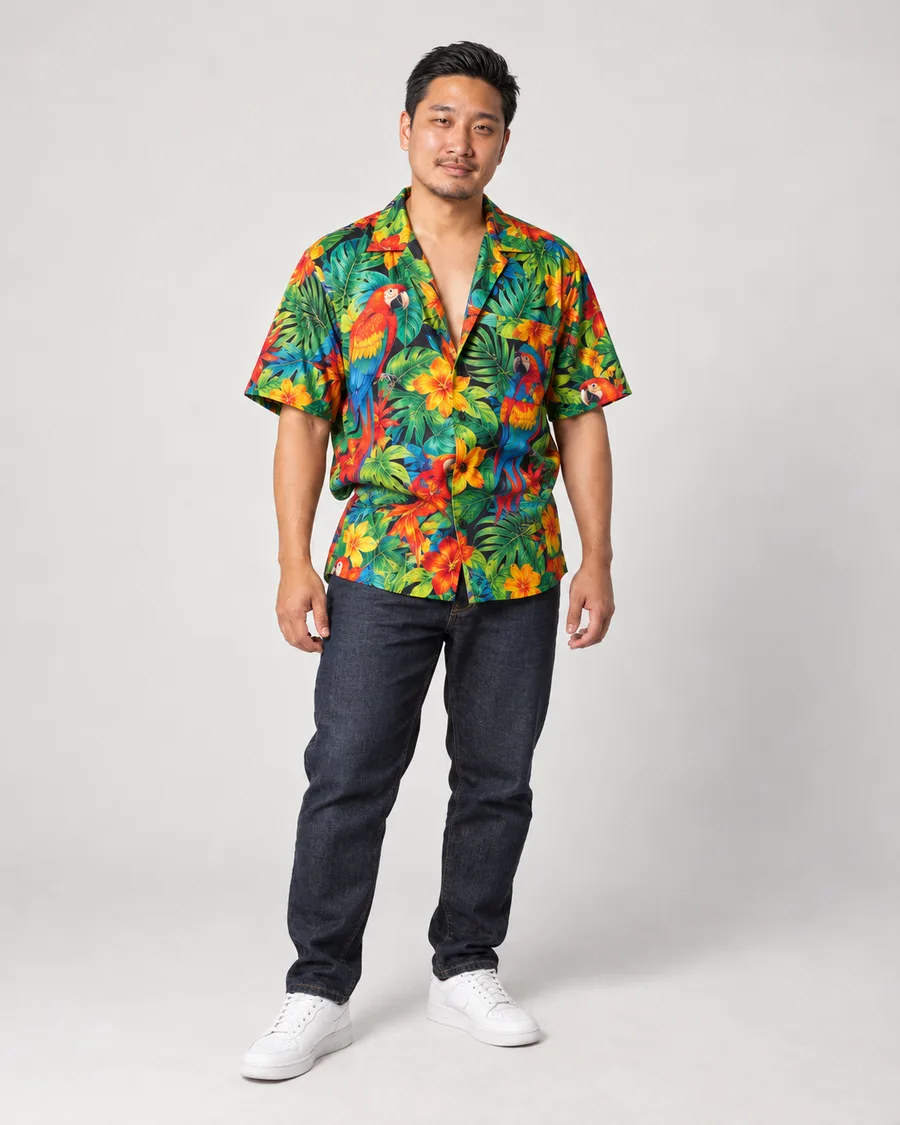 Rodolfo de camisa havaiana com calça jeans escura e tênis branco