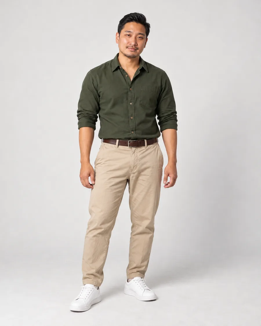 Rodolfo de camisa verde-oliva bem ajustada, calça chino areia, cinto marrom e tênis branco