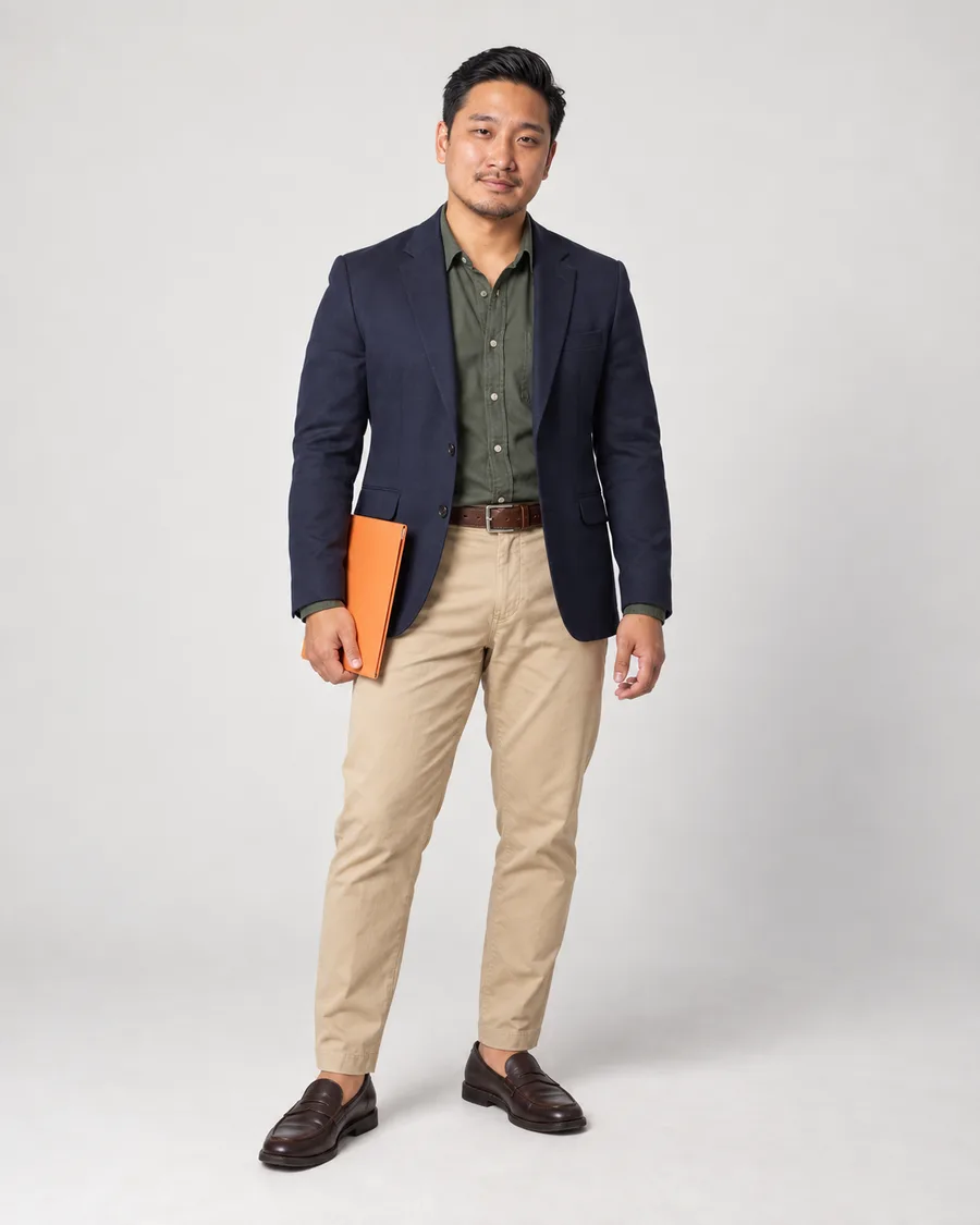 Rodolfo de blazer azul-marinho, camisa verde-oliva, chino areia e loafer marrom, com o dossiê laranja na mão