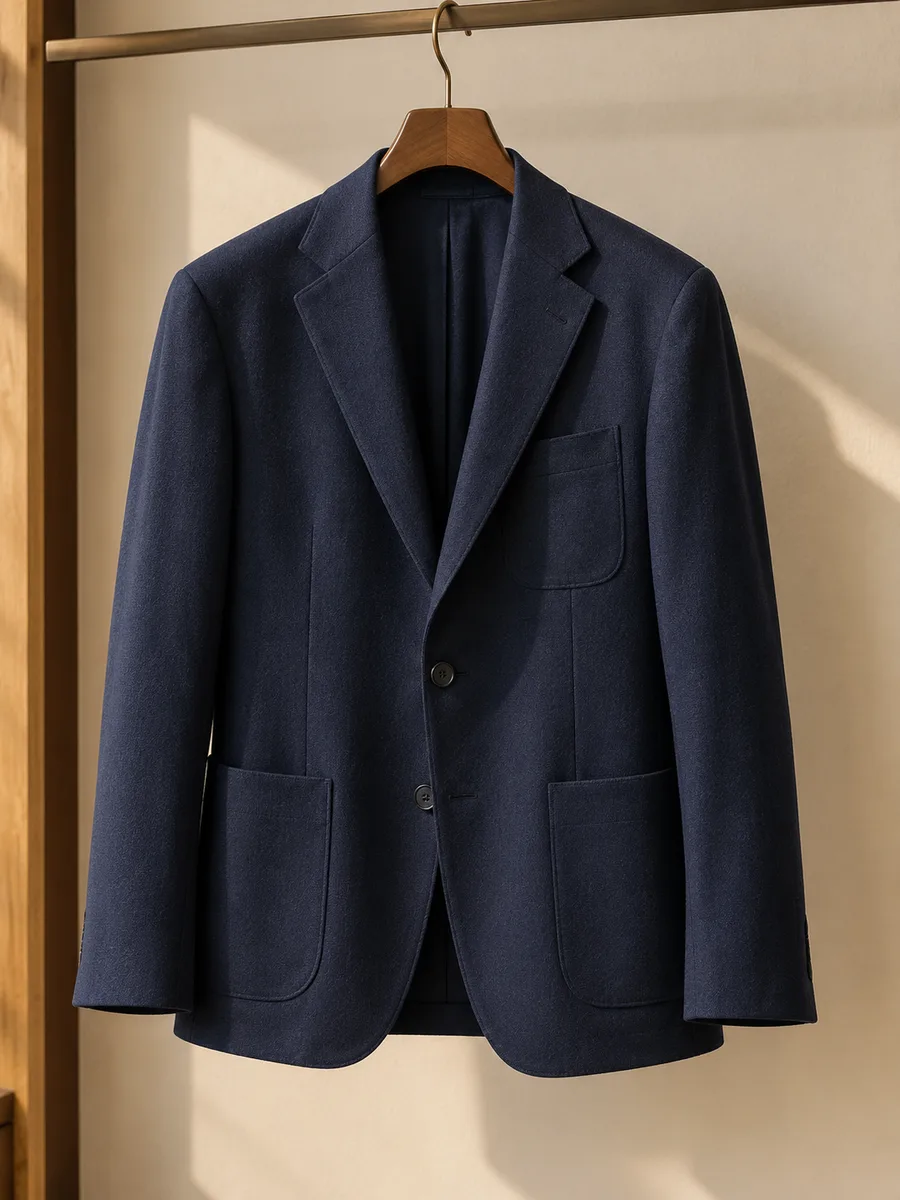 Blazer azul-marinho desestruturado num cabide de madeira, contra parede clara de loja.