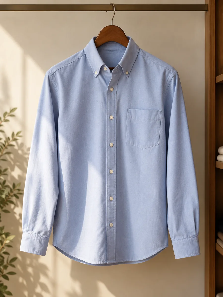 Camisa de oxford azul-clara num cabide, colarinho bem passado.