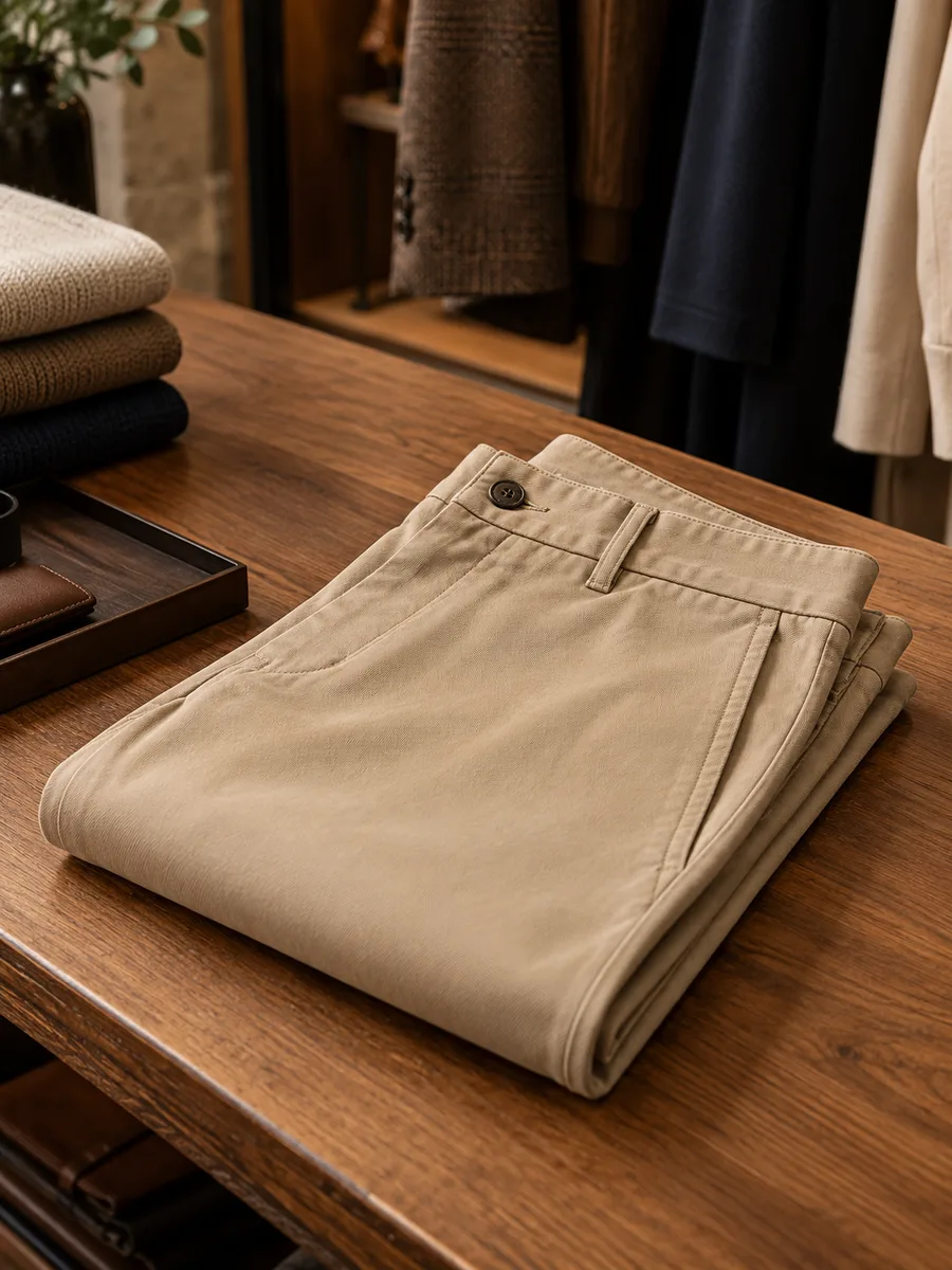 Calça chino cor de areia dobrada sobre uma mesa de loja.