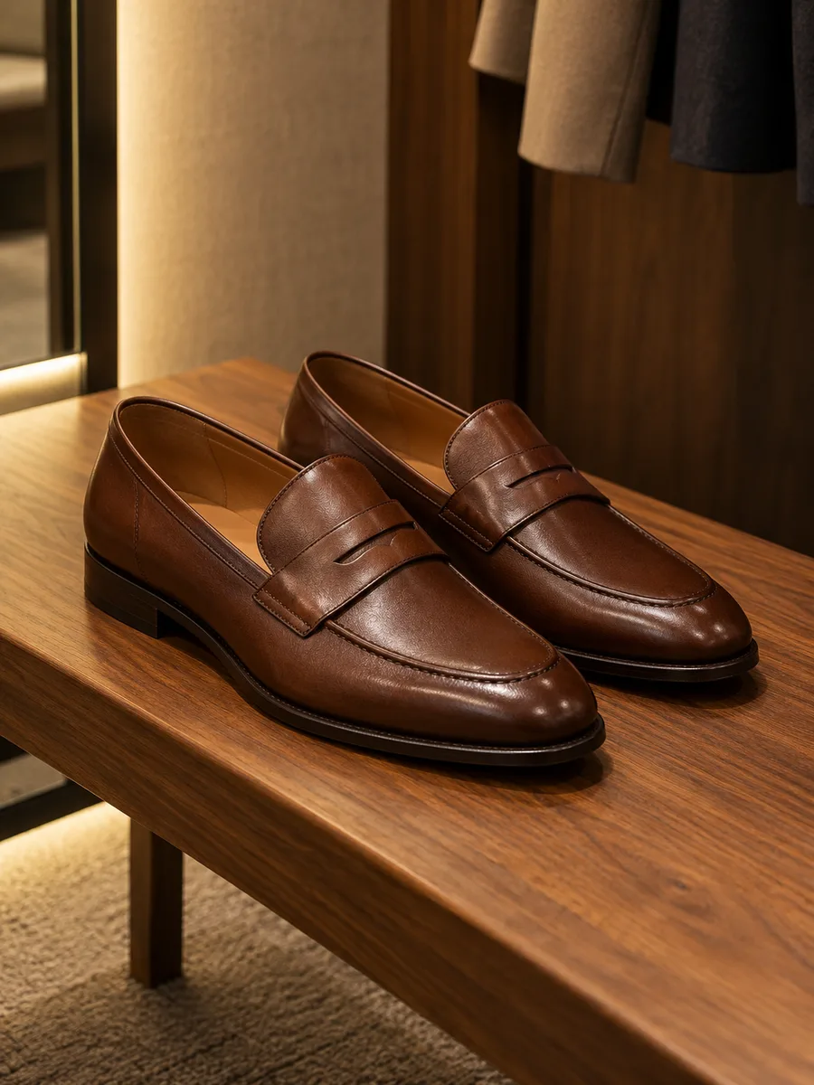 Par de loafers de couro marrom sobre um banco de madeira de provador.