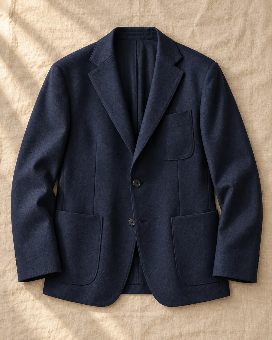 Blazer azul-marinho estendido sobre linho