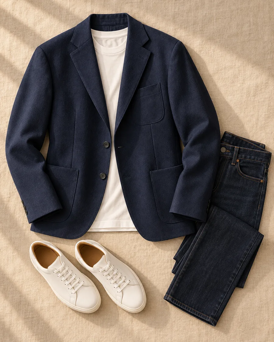 O blazer com camiseta branca, jeans escuro e tênis branco