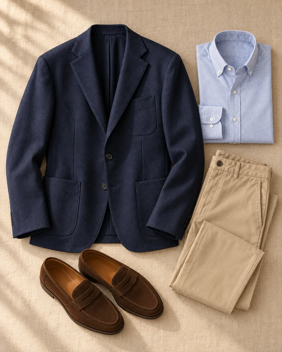 O blazer com camisa oxford azul-clara, chino areia e loafer marrom
