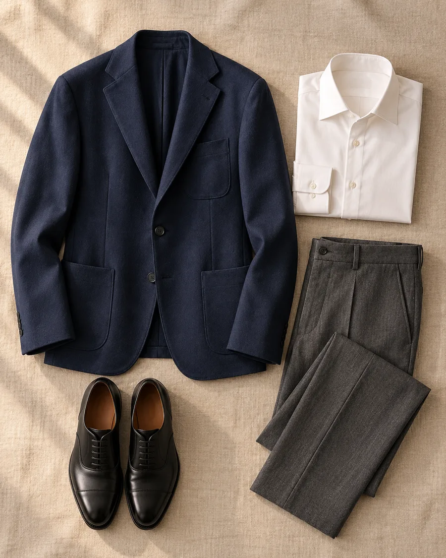 O blazer com calça de alfaiataria cinza, camisa branca e sapato preto