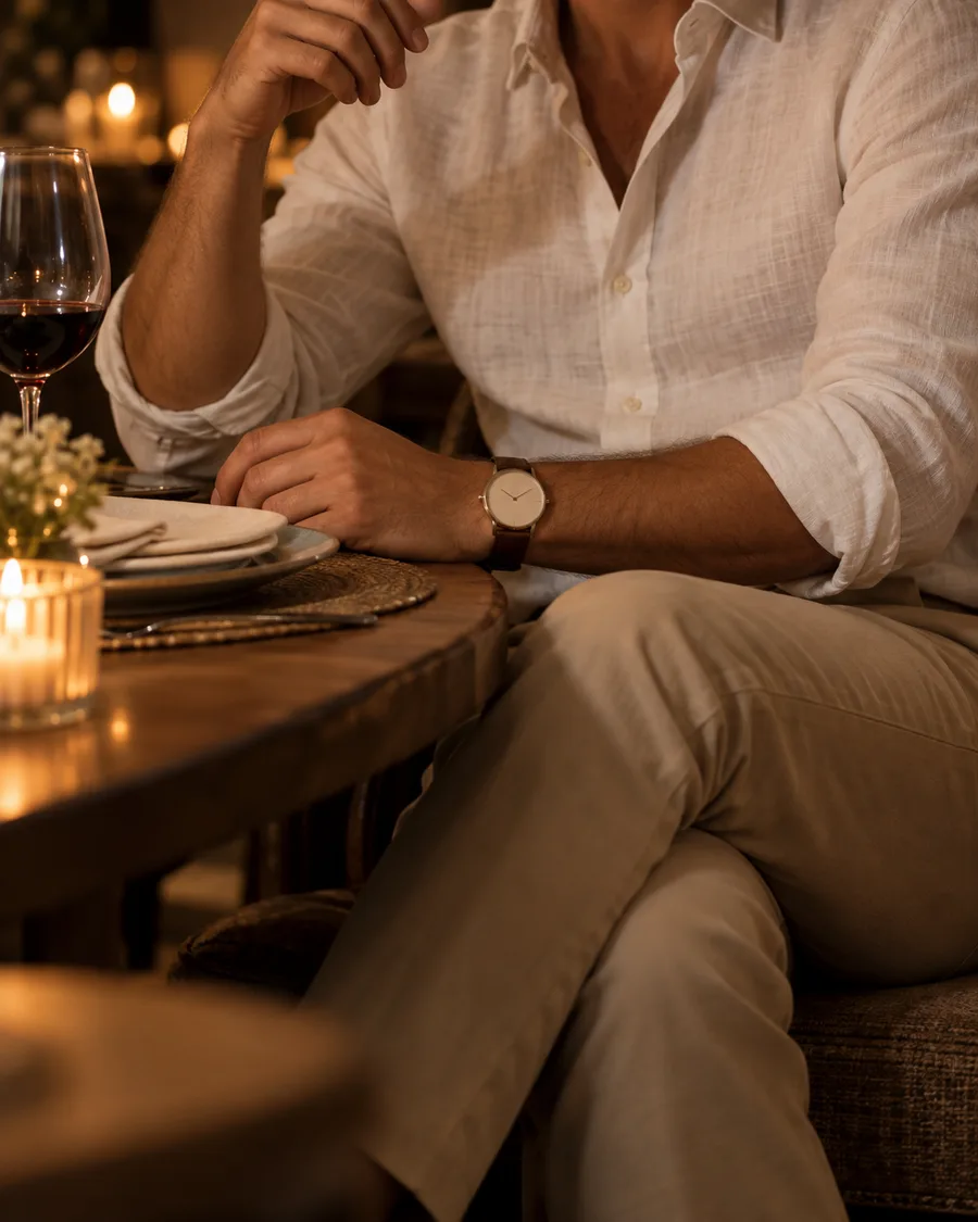Detalhe: camisa de linho off-white com mangas dobradas, chino cor de areia e relógio de couro, mesa de restaurante à luz de velas.