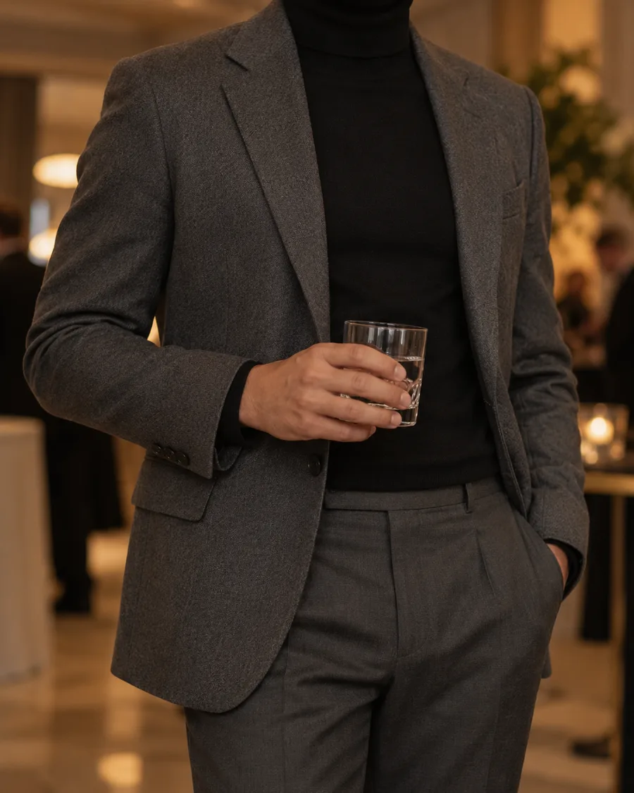 Do peito para baixo: blazer de lã cinza, malha fina de gola rulê preta, calça de alfaiataria, crachá em branco no bolso.