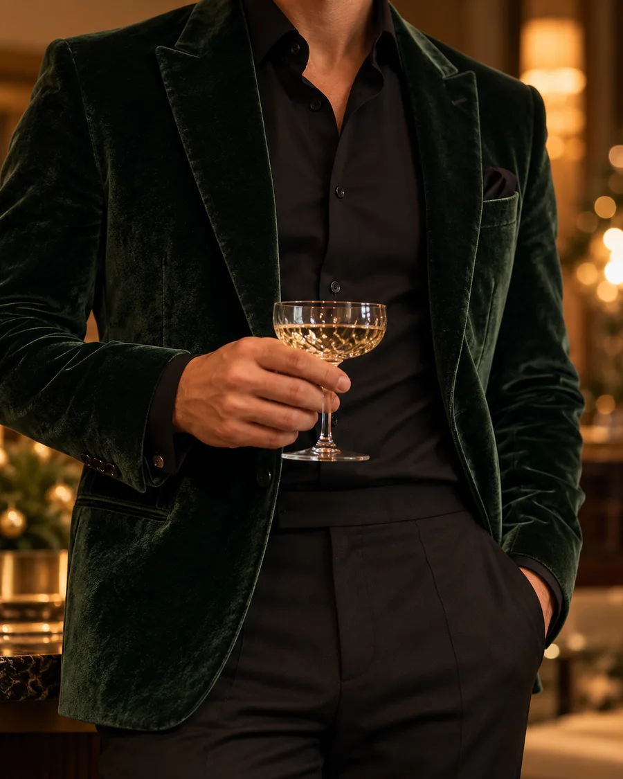 Detalhe: blazer de veludo verde-garrafa, camisa preta, taça na mão, luzes desfocadas ao fundo.